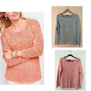 Talbots Women Open Stitch Sweater Medium Dye Blue Orange Ribbed Knitwear Cotton
